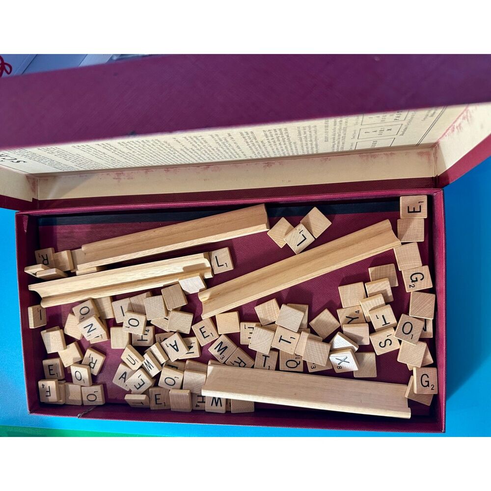Vintage 1970s Scrabble Board Game Selchow Righter Maroon Box Wood Tiles Racks